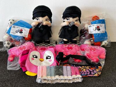 Large Lot: Wednesday Dancing Plush Dolls, Mini Foam Sports Balls, Plush Backpacks, More