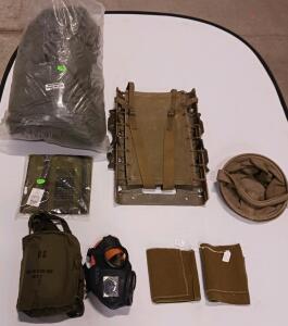 Military Surplus Lot: British Parachute Panel 13'x26', M17 Gas Mask, WW2 Scarves, Stretcher, Shemagh