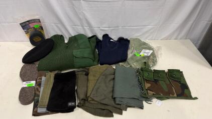 Military Surplus Apparel Lot &ndash; Spec-Ops BDU Belt, Acton Felt Insoles 9M, Sweaters, Camouflage Gear