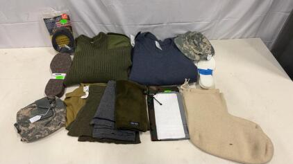 Large Military Surplus Cold Weather Clothing Lot: Sweaters, Belt, Acton Insoles 9M, Camo Gear
