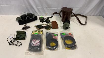 Military Surplus Lot: Cammenga 3H Compass, British WWII Knife, Goggles, Tactical Belts