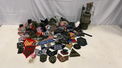 Large Military Patch & Insignia Lot w/ ABC-M11 Decontaminator & USMC Brevet Medal Replica