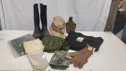 Military Surplus Lot: Brazos Boots, BDU Pants, Rothco Hat, Gloves, Canteen, Bags & More
