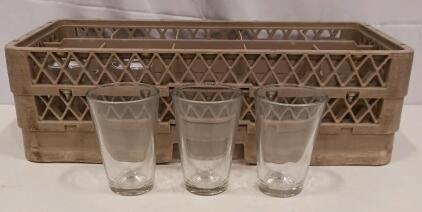 7 Commercial Glass Racks w/ Divider Compartments & ~(66) 10oz Glasses, (4)white Coffee Mucs- Stackable, Used