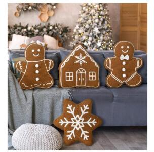 HunnmingRe 4pc Christmas Throw Pillow Set &ndash; Gingerbread Men, House & Snowflake, Plush, 15.75in And More