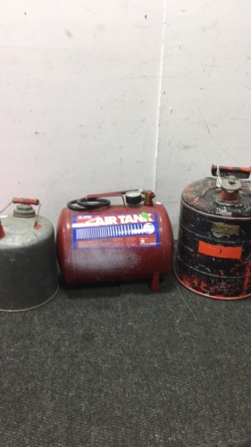 (2) Vintage Gas Cans (1) Air Works Portable Air Tank