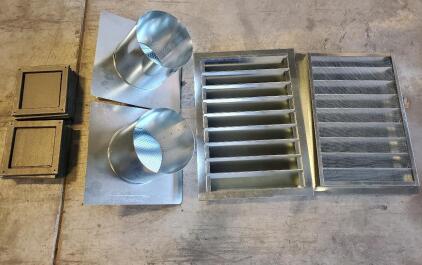 Lot of Galvanized Steel 8" Round Wall Hoods, 12"x18" Louvers, Square 8"x8" Dampers with Screens
