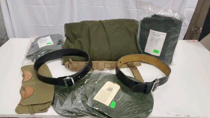 Military Surplus Lot: USGI Mosquito Net Bars, Leather & Tactical Belts, Canvas Gaiters, Head Nets