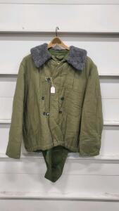 Soviet Russian Telogreika Padded Winter Jacket, Olive, Faux Fur Collar, Size 48, Surplus