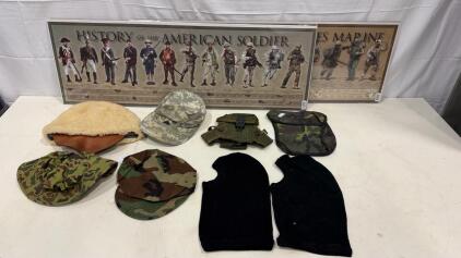 Lot of US Military Cold Weather Hats, Camouflage Headgear, and Gear Pouches &ndash; 6 Piece Mixed Set