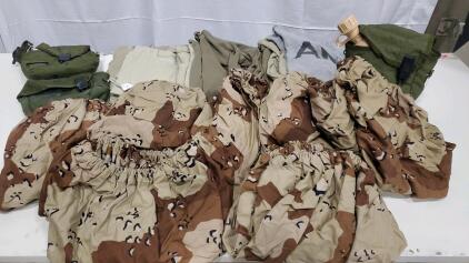 U.S. Army Clothing & Field Gear Lot: Camo Pack Covers, Skillcraft Shirts, Canteen Carriers, NSN 8415/8465
