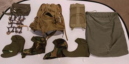 WWII U.S. Military Ice Cleats with Arctic Field Back Pack, Canvas Gear Bags, 4 Arctic Hoods Set