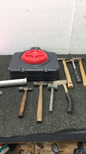 (1) Napa Drainmaster Dirty Oil Container (6) Hammers (1 Hatchet (1) Caulking Gun