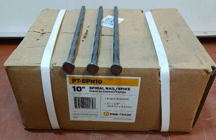 10" Landscape Spike, Spiral Shank, Hot Dip Galvanized, 10-inch x 0-Gauge (.325) with 9/16 Round Flat Head, Diamond Point. 50lb Box, 250 Total Nails In Box Retail $149.00