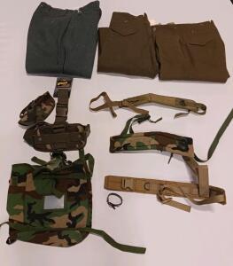 US Military Surplus Gear Lot: Voodoo Drop Leg Platform, MOLLE II Pouch NSN 8465-01-465-2057, (3) Canadian Wool 1960's Trousers Sz. Small