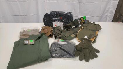 Lot of Tactical Military Gear: Rothco BDU Shorts Large, Fox & Voodoo Holsters, MOLLE Pouches, Gloves