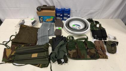 Military Survival Gear Lot &ndash; Flashlights, NBC Gloves, Wool Insulation, Pouches, Bucket, Radio