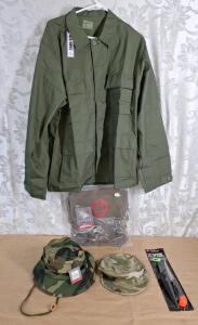 (1) Canvas NATO Medic Bag, (1) Hot Weather Hat, Cammo, Size-7-1/3 (1) Cammo Cap, Size-7-1/4, (1) 11" Floating Fillet Knife & (1) Mil-Spec Plus BDU Jacket, Size-L