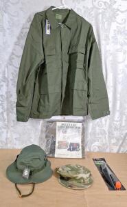 (1) Canvas NATO Medic Bag, (1) Hot Weather Hat, Green, Size-7-3/4 (1) Cammo Cap, Size-7-1/4, (1) 11" Floating Fillet Knife & (1) Mil-Spec Plus BDU Jacket, Size-L