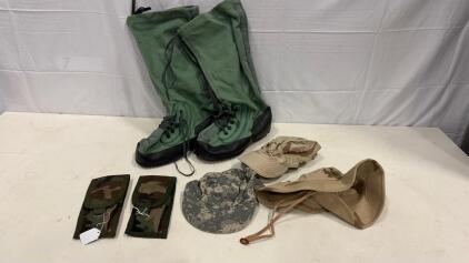Military ECW N-1B Overboots Medium, 2 Boonie Hats, 1 ACU Patrol Cap, 2 Woodland Pouches
