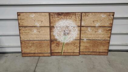 Dandelion 3-Panel Wall Art Set, Faux Wood Rustic Decor, 24"x36" Each Panel, Triptych Design