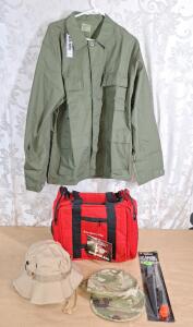 (1) Emergency Gear Bag, (1) Hot Weather Hat, Tan, Size-7, (1) Cammo Cap, Size-7-1/4, (1) 11" Floating Fillet Knife & (1) Mil-Spec Plus BDU Jacket, Size-L