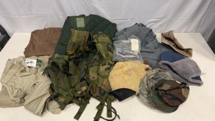 U.S. Military Surplus Lot: Load Bearing Vest, M65 Liner, Flame Retardant Hood, Cold Weather Hats