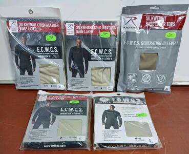 (5)XL & L Rothco ECWCS Gen III Level-1 Base Layer Tops & Bottoms, Tan, Moisture-Wicking Antimicrobial