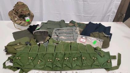 Military Surplus Lot&mdash;Rothco XL BDU Uniforms, Multicam Boonie Hat, ACU MOLLE Panel, Gear & Pouches