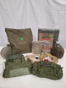 Military Surplus Field Gear Lot: MILSPEC Tarp, Canteens, Mess Kits, Fox Tactical Pouch, NSNs