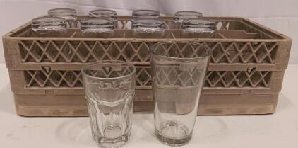 (34) Mixed Commercial Glassware Set with (10) 16 oz Pint Glasses, (24) 9 oz Faceted Tumblers, & (4)Commercial Rack