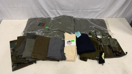Military Cold Weather Clothing Lot &ndash; DSCP Wool Watch Cap, Scarves, Camouflage Chest Rig, St&uuml;ssy Scarf