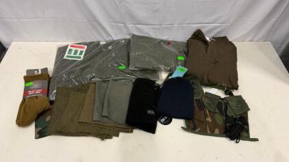 Military Cold Weather Clothing Lot: Rothco Boot Liners, Knit Shirt, Fleece, Beanie, Camo Pouch