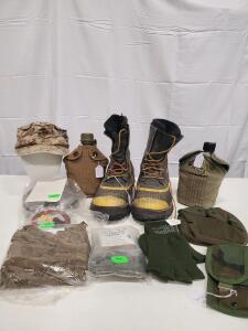 U.S. Military Field Gear Lot: Cold Weather Boots, USMC Cap, WWII/Modern Canteens, Mess Kit, Pouches