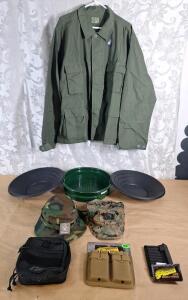 (1) Voodoo Tactical Molle Rip Away Medic Pouch, (1) Voodoo Tactical Molded M4/M16 Double Open Top Mag Pouch, (1) Voodoo Tactical .308 Wrist Pouch, (1) Cammo Hot Weather Hat, Size-7, (1) Marines Cammo Cap, Size-Large, (2) 14" Gold Pans, (1) 13" x 1/4" Mes