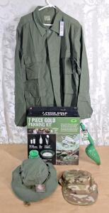 (1) 7-Piece Gold Panning Kit, (1) Scoop & Probe Tool, (1) Hot Weather Hat, Size-7, (1) Cammo Cap, Size-7 & (1) Mil-Spec Plus BDU Jacket, Size-XL