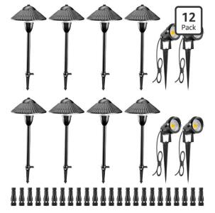 ZUCKEO 12 Pack Outdoor LED Landscape Lighting Kit, 8 Pathway 5W, 4 Spotlights 10W, IP66, 12V/24V