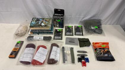 Survival Gear Lot &ndash; Books, Paracord, Camouflage Wrap, Elite Force Charger, SOL Fuel Cubes, 20+ Items