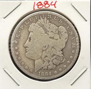 1884 Morgan Silver Dollar, No Mint Mark, 90% Silver, 38.1mm Diameter, Circulated