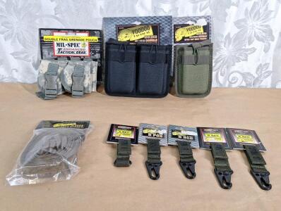 (1) Mil-Spec Double Frag Grenade Pouch, (1) Voodoo Tactical Molded M16 Double Open Top Mag Pouch, (1) Voodoo Tactical Molded M16 Single Open Top Mag Pouch, (1) 4-Pack Of Adapt Straps & (5) Assorted Blood Type Key Chains