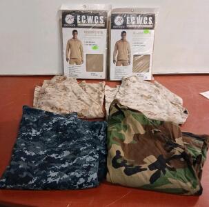 New Sz. M Rothco ECWCS Gen III (2)Base Layer Grid Fleece Tops Anti-Microbial, (4) Sz. M Military Camouflage Long Sleeve Button Down Jacket/Shirt