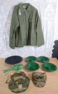 (1) 14" Gold Pan, (4) 10" Gold Pans, (1) Scoop & Probe Tool, (1) Hot Weather Hat, Cammo, Size-7-3/4. (1) Marines Cammo Cap, Size Medium & (1) Mil-Spec Plus BDU Jacket, Size-L