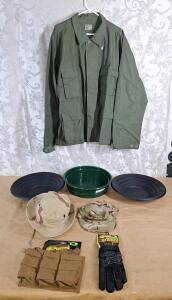 (1) Voodoo Tactical M4/M16 Tripple Open Top Mag Pouch, (1) Pair Of Voodoo Tactical Liberator Shooters Gloves, (1) Cammo Hot Weather Hat, Size-7, (1) Marines Cammo Cap, Size-7-3/4, (2) 14" Gold Pans, (1) 13" x 1/4" Mesh Sifting Pan & (1) Mil-Spec Plus BDU