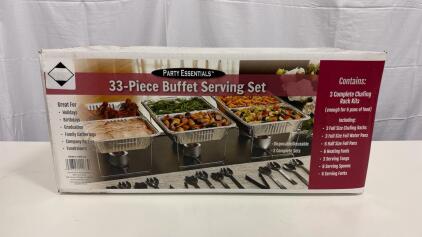 Party Essentials 33-Piece Buffet Serving Set, 3 Chafing Racks, 6 Pans, Heating Fuel, UPC-33