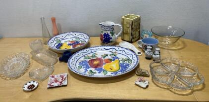 Mixed Lot 21pc Vintage Tableware & Glassware &ndash; Fruit Platters, Pitcher, Crystal, Figurines