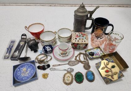 (1) Vintage 1974 Warner Bros. Looney Tunes Collector Juice Glass (1) Antique Chinese Canton Enamel Small Tray (1) Vintage Pink Depression Glass Creamer Pitcher And More