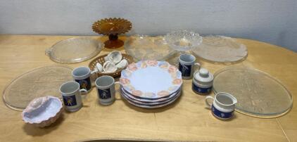 Vintage Morton Salt Mug Set w/ Sugar Creamer, 18pc Glass/Decorative Plate Tableware Collection
