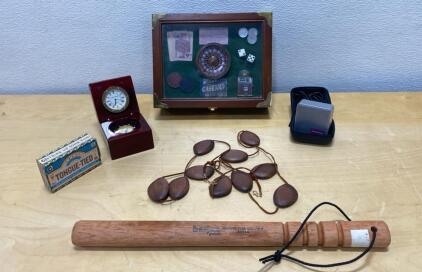 Stanley London Hinged Wood Box Desk Clock with Brass Compass, Quartz Movement, 4"x4", Vintage Look - Club - Poker Box and Set and More