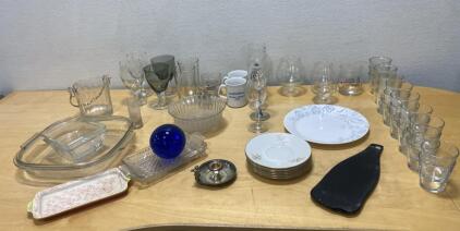 Large Assorted Glassware and Dishware Lot, Includes 12 Tumblers, Plates, Serving Pieces, Mugs