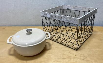 Enameled Cast Iron Dutch Oven, White, 5.5 qt with Lid & Metal Wire Storage Basket with Wood Rim
